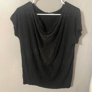 Eileen Fisher Black Draped Neck Short Sleeve Top Rhinestone Details SMALL